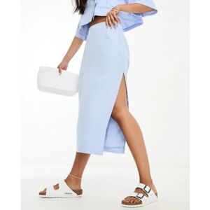 Abercrombie & Fitch 100% Linen Midi Skirt Small Petite Baby Blue Side Slit